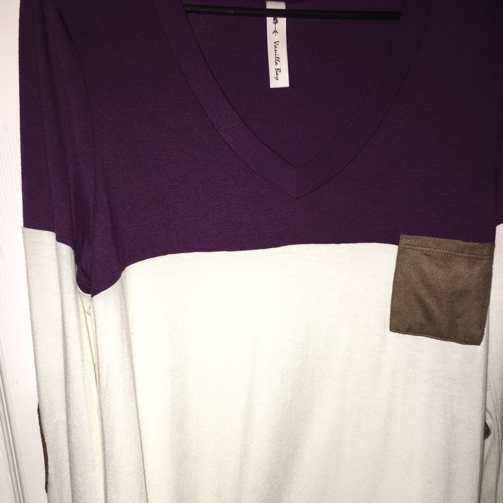Long sleeve, V-neck shirt with brown elbow patches